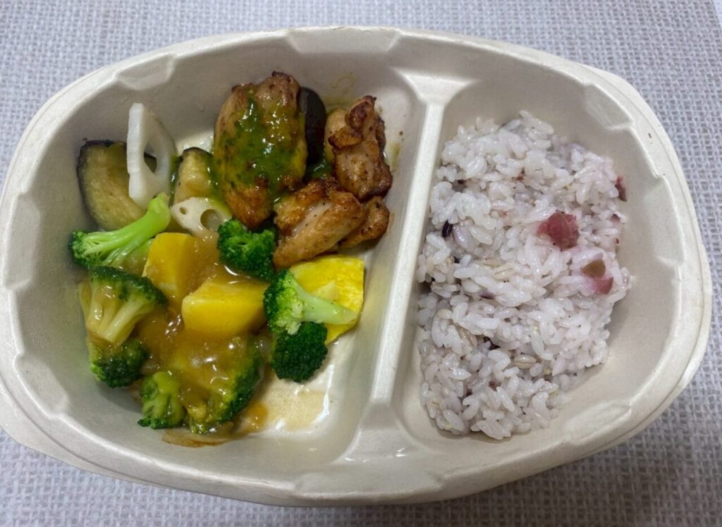 ニップンよくばり御膳　五穀梅ご飯と彩り野菜とバジルチキン