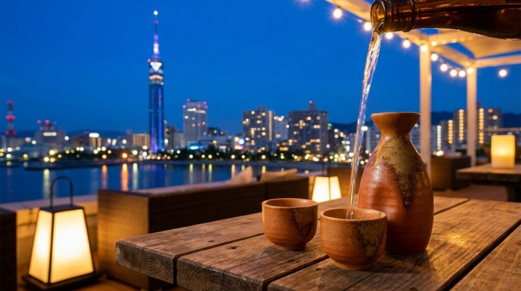 福岡市の夜景を眺めながら福岡の地酒を楽しむ